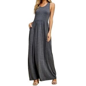Gray Jersey Knit Tank Maxi Dress ~ POCKETS ~ T Back ~ High Waist ~ NEW